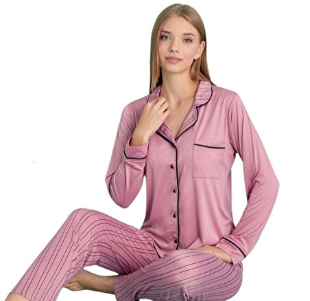 Kadın Uzun Kollu Düğmeli Pijama Takımı S/2XL Aurora Comfort Ev Giyim Hediyelik