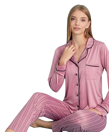 Kadın Uzun Kollu Düğmeli Pijama Takımı S/2XL Aurora Comfort Ev Giyim Hediyelik