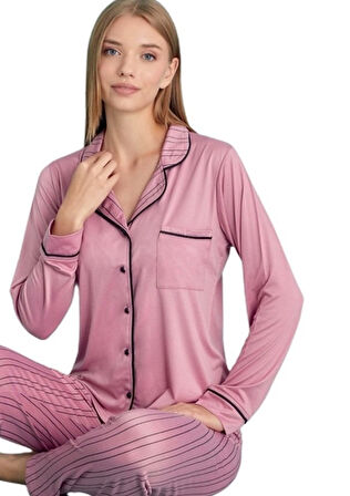Kadın Uzun Kollu Düğmeli Pijama Takımı S/2XL Aurora Comfort Ev Giyim Hediyelik