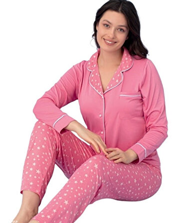 Uzun Kol Düğmeli Kadın Pijama Takımı S/2XL Alessia Notte Ev Giyim Hediyelik