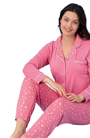 Uzun Kol Düğmeli Kadın Pijama Takımı S/2XL Alessia Notte Ev Giyim Hediyelik