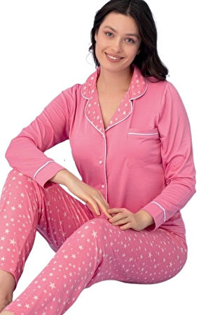 Uzun Kol Düğmeli Kadın Pijama Takımı S/2XL Alessia Notte Ev Giyim Hediyelik