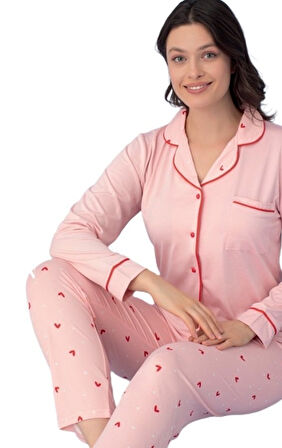 Uzun Kol Düğmeli Kadın Pijama Takımı Valentina Tasarım Ev Giyim Hediyelik