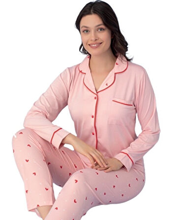 Uzun Kol Düğmeli Kadın Pijama Takımı Valentina Tasarım Ev Giyim Hediyelik