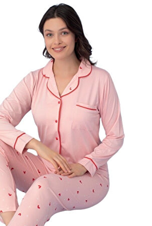 Uzun Kol Düğmeli Kadın Pijama Takımı Valentina Tasarım Ev Giyim Hediyelik