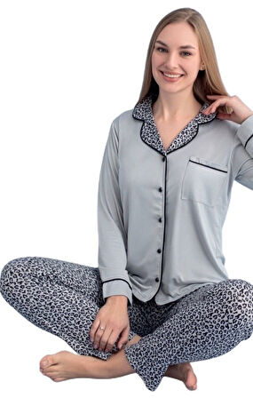 Serafina Eleganza Tasarım Uzun Kol Düğmeli Kadın Pijama Takımı S/2XL Ev Giyim Hediyelik