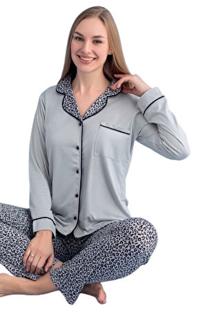 Serafina Eleganza Tasarım Uzun Kol Düğmeli Kadın Pijama Takımı S/2XL Ev Giyim Hediyelik