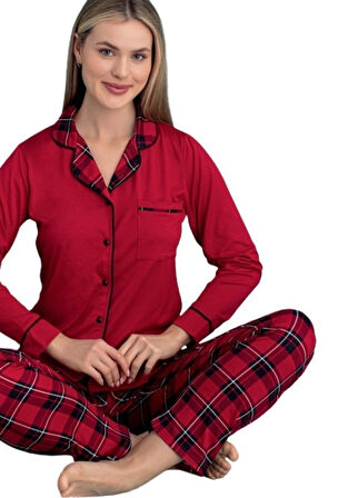Elettra Notte Uzun Kol Düğmeli Kadın Pijama Takımı Ev Giyim Hediyelik