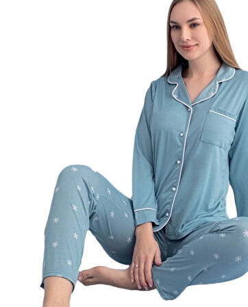 Uzun Kol Düğmeli Kadın Pijama Takımı Celestina Notte Ev Giyim Hediyelik