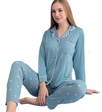 Uzun Kol Düğmeli Kadın Pijama Takımı Celestina Notte Ev Giyim Hediyelik