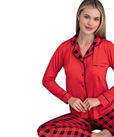 Valentina Uzun Kol Düğmeli Kadın Pijama Takımı Ev Giyim Hediyelik
