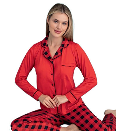 Valentina Uzun Kol Düğmeli Kadın Pijama Takımı Ev Giyim Hediyelik