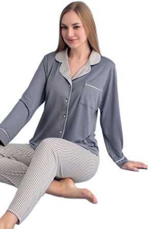 Gabriella Uzun Kollu Düğmeli Kadın Pijama Takımı Ev Giyim Hediyelik