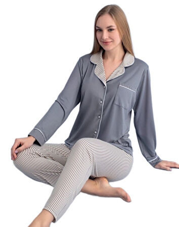 Gabriella Uzun Kollu Düğmeli Kadın Pijama Takımı Ev Giyim Hediyelik