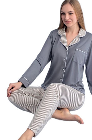 Gabriella Uzun Kollu Düğmeli Kadın Pijama Takımı Ev Giyim Hediyelik
