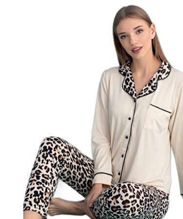 Bella Casa Tasarım Uzun Kollu Önden Düğmeli Kadın Pijama Takımı Ev Giyim Hediyelik 