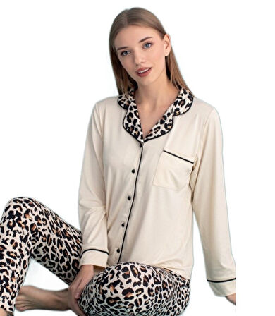 Bella Casa Tasarım Uzun Kollu Önden Düğmeli Kadın Pijama Takımı Ev Giyim Hediyelik 