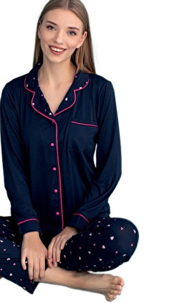 Sofia Notte Tasarım Uzun Kollu Düğmeli Kadın Pijama Takımı Ev Giyim Hediyelik