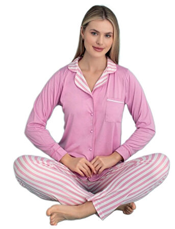 Francesca Notte Uzun Kollu Önden Düğmeli Kadın Pijama Takımı S/2XL Ev Giyim Hediyelik