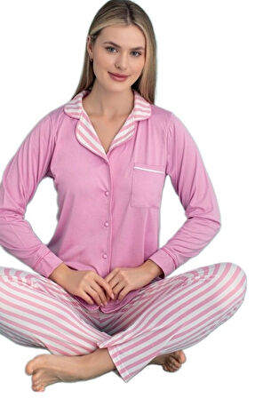 Francesca Notte Uzun Kollu Önden Düğmeli Kadın Pijama Takımı S/2XL Ev Giyim Hediyelik