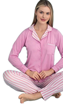 Francesca Notte Uzun Kollu Önden Düğmeli Kadın Pijama Takımı S/2XL Ev Giyim Hediyelik