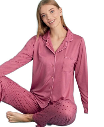 Giulia Eleganza Uzun Kol Önden Düğmeli Kadın Pijama Takımı Ev Giyim Hediyelik