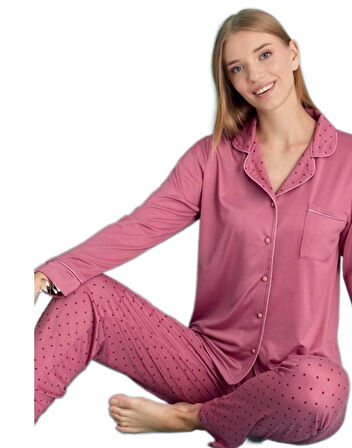 Giulia Eleganza Uzun Kol Önden Düğmeli Kadın Pijama Takımı Ev Giyim Hediyelik