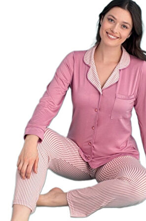 Bianca Stella Uzun Kollu Düğmeli Kadın Pijama Takımı S/2XL Ev Giyim Hediyelik
