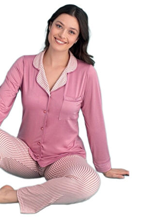 Bianca Stella Uzun Kollu Düğmeli Kadın Pijama Takımı S/2XL Ev Giyim Hediyelik