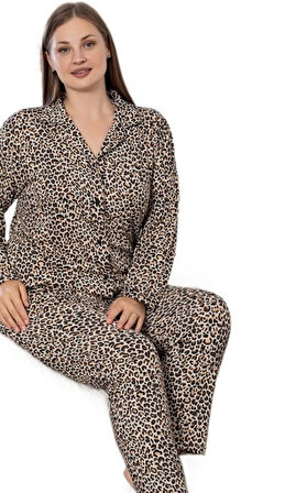 Giovanna Gömlek Yaka Büyük Beden Leopar Kadın Pijama Takımı Yumuşak Dokulu 3XL/6XL