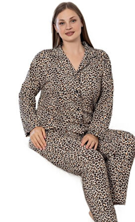 Giovanna Gömlek Yaka Büyük Beden Leopar Kadın Pijama Takımı Yumuşak Dokulu 3XL/6XL