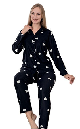 Valeriano Notte Süet Kumaş Kışlık Gömlek Yaka Kalpli Kadın Pijama Takımı Yumuşak Ev Giyim