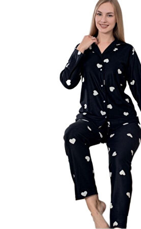 Valeriano Notte Süet Kumaş Kışlık Gömlek Yaka Kalpli Kadın Pijama Takımı Yumuşak Ev Giyim