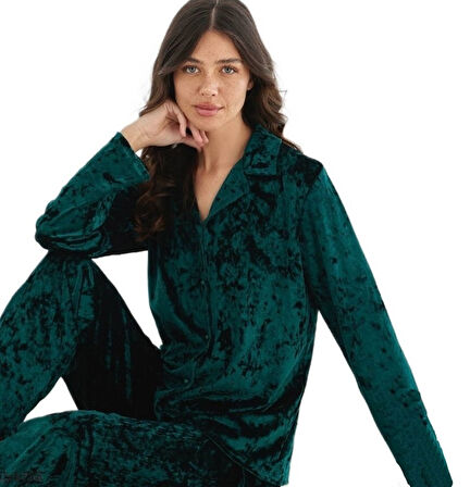 Serena Velour Tasarım Yumuşak Parlak Kadife Kadın Pijama Takımı Kışlık Ev Giyim S/2XL