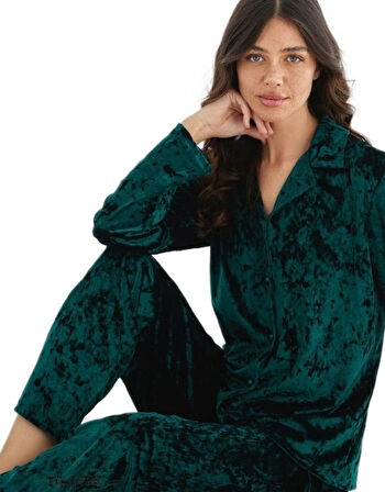 Serena Velour Tasarım Yumuşak Parlak Kadife Kadın Pijama Takımı Kışlık Ev Giyim S/2XL