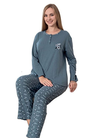 Lucia Bella Tasarım Fitilli Kışlık Kadın Pijama Takımı M/2XL