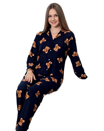 Bear Love Kışlık Süet Gömlek Yaka Kadın Pijama Takımı Yumuşak Ev Giyim