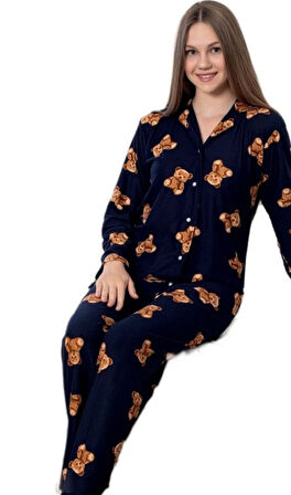 Bear Love Kışlık Süet Gömlek Yaka Kadın Pijama Takımı Yumuşak Ev Giyim