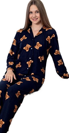 Bear Love Kışlık Süet Gömlek Yaka Kadın Pijama Takımı Yumuşak Ev Giyim