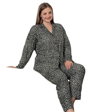 Giovanna Leopar Süet Gömlek Yaka Kışlık Büyük Beden Kadın Pijama Takımı Yumuşak Dokulu 3XL/6XL