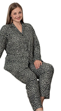 Giovanna Leopar Süet Gömlek Yaka Kışlık Büyük Beden Kadın Pijama Takımı Yumuşak Dokulu 3XL/6XL