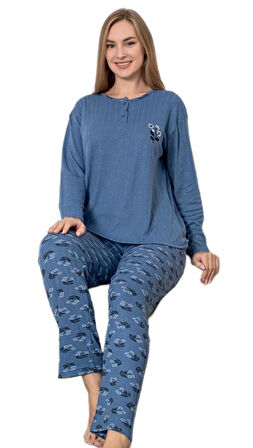 Amore Casa Fitilli Kumaş Uzun Kollu Kışlık Kadın Pijama Takımı M/2XL