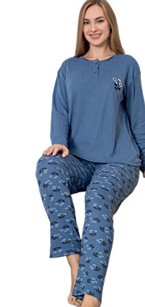 Amore Casa Fitilli Kumaş Uzun Kollu Kışlık Kadın Pijama Takımı M/2XL