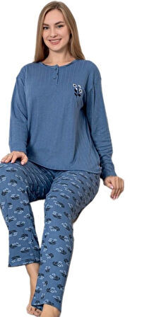 Amore Casa Fitilli Kumaş Uzun Kollu Kışlık Kadın Pijama Takımı M/2XL