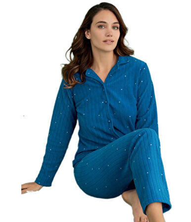 Aurora Polar Kumaş Kışlık Düğmeli Kadın Pijama Takımı Sıcak Yumuşak Dokulu S/XXL