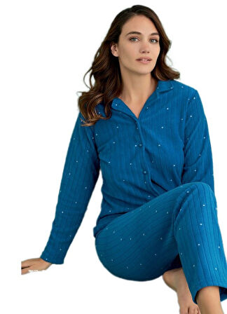 Aurora Polar Kumaş Kışlık Düğmeli Kadın Pijama Takımı Sıcak Yumuşak Dokulu S/XXL