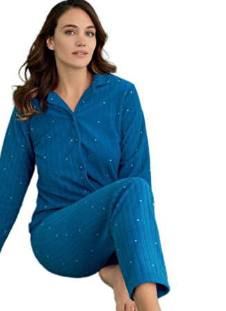 Aurora Polar Kumaş Kışlık Düğmeli Kadın Pijama Takımı Sıcak Yumuşak Dokulu S/XXL