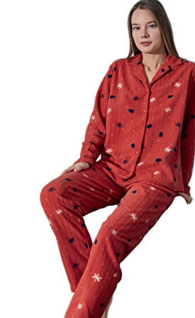 Notte Calda Polar Kumaş Düğmeli Kışlık Kadın Pijama Takımı Yumuşak Dokulu Sıcak S/XXL