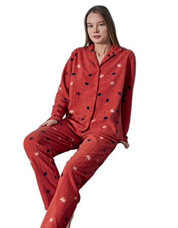 Notte Calda Polar Kumaş Düğmeli Kışlık Kadın Pijama Takımı Yumuşak Dokulu Sıcak S/XXL