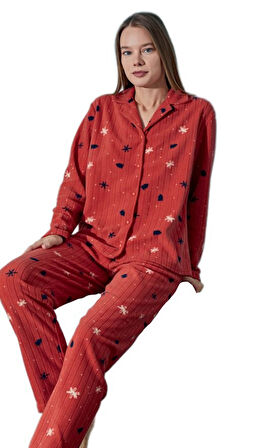 Notte Calda Polar Kumaş Düğmeli Kışlık Kadın Pijama Takımı Yumuşak Dokulu Sıcak S/XXL